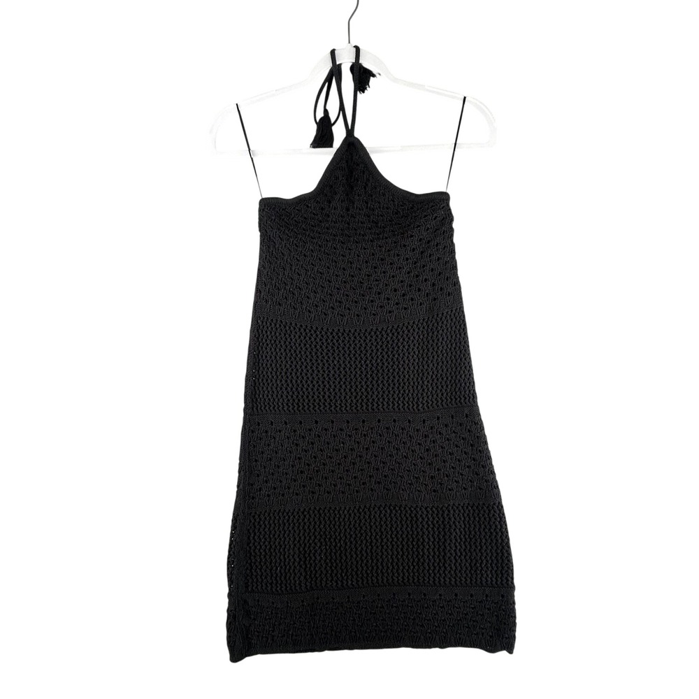 Old‎ Navy Crochet Halter Mini Dress Lined Womens XSmall Black Tassel Knit Boho